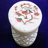 White Marble Oval Jewelry Box with Mop Inlay