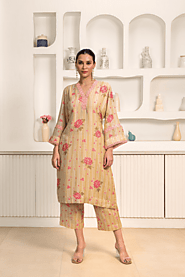 Golden Bloom Linen Kurti Set For Women | 20% off | Naseebo