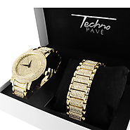 14K Gold Finish Techno Pave Watch Bracelet Set at Master Of Bling