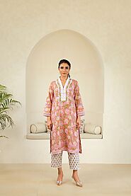 Naseebo Luxe Peach Serenity Cotton Premium Kurti Set