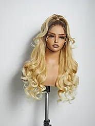 Ombre blonde lace front wig with updo hairstyle