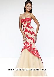 Strapless Red Nude Lace Floral Patterns Mermaid Gown Hot Sale