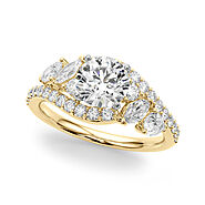 10 carat Yellow gold Round Diamond Halo Ring with Marquise and Pavé Band in Prong Setting