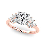 Rose gold Round Diamond Floral Side Stone Solitaire with Marquise Accents and Four-Prong Setting