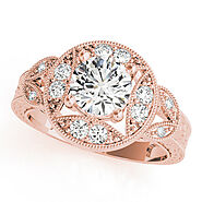 Rose gold Round Halo Milgrain Diamond Engagement Ring with Leaf Band and Four-Prong Setting