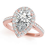 Rose gold Pear Halo Diamond Ring with Pavé Band and Three-Prong Setting