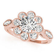 Rose gold Round Milgrain Halo Floral Diamond Ring with Split Shank and Four-Prong Setting