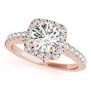 Rose gold Cushion Halo Round Diamond Pave Band Four-Prong Ring