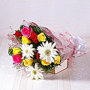 Buy / Send Bunch Of White Gerberas With Multi Colour Roses Online from OyeGifts