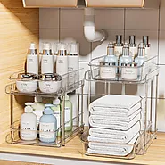 Delamu 2 Sets of 2-Tier Clear Under Sink Organizers and Storage, Multi-Purpose Stackable Bathroom Cabinet Organizers,...