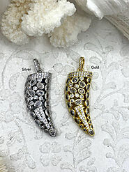 Horn Pendant High Quality Brass with CZ, Cubic Zirconia Pendant, Horn Charm, Gold or Silver Finishes Available, 40mm ...