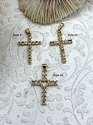 Gold Cross Charms with Cubic Zirconia, Gold Religious Cross, Brass Cross Charm, Gold Cross Pendant with clear CZ, 3 s...