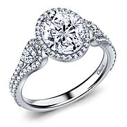 Diamond Halo Three Stone Engagement Ring in 14K White Gold