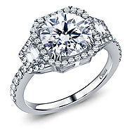 Fancy Diamond Three Stone Trapezoid Round Halo Engagement Ring in 14K White Gold
