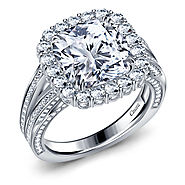 Fancy Cushion Cut Diamond Halo Split Shank Engagement Ring in 14K White Gold
