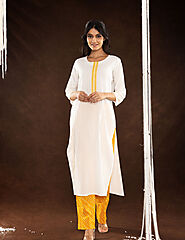 White Yellow Cotton Straight Kurti – Ocean Ethnic