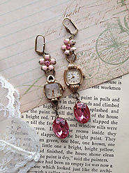 Repurposed mismatched vintage watch cases, watch face earrings, Coro, upcycled, OOAK, unique, vintage pink rhinestone...