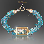 Vintage Watch Case Bracelet with Floating Pearls and Swiss Blue Topaz