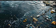 A heavily polluted water body filled with plastic waste and debris