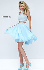 Two-Piece 2016 High-Neck Jeweled Round Ivory/Light Blue Short Homecoming Dresses