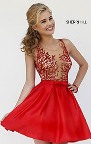 Scoop-Neck Beaded Open-Back Red Sheer Short Pleated Homecoming Dresses 2015