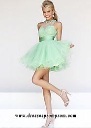 Beaded Lace Bust Light Green Sheer High Neck Party Dress