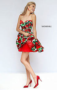 2016 Sherri Hill 50028 Strapless Sweetheart Neck Red Short Floral Print Homecoming Dresses Online Sale