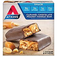 Atkins Caramel Chocolate Peanut Nougat Snack Bar, Protein Snack, High in Fiber, 2g Sugar, Keto Friendly, 5 Count