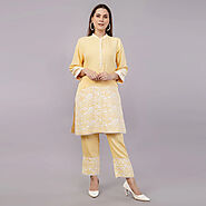Yellow Wave Co-ords Set | Block Printed Co-ord Set with Lace Work