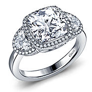 Fancy Diamond Three Stone Engagement Ring with Cushion Cut Center and Half Moon Sides in 14K White Gold