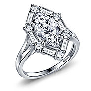 Marquise Split Shank Cathedral Engagement Ring with Baguette Accents in 14K White Gold
