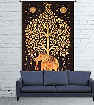 Wall hanging black and orange elephant tapestry