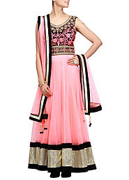 Pinkish peach anarkali suit with embroidered yoke