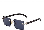 Unisex Retro Rimless Sunglasses with Diamond Cut Edges & Wood Grain Legs