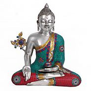 Huge Healing Medicine Buddha in Brass & Turquoise with Silver Polish-1.3 Ft