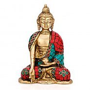 Long Ear Buddha in Bhumisparsha Mudra in Brass & Turquoise- 5"