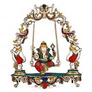 Enchanting Lord Ganesha on a Swing Statue in Brass & Turquoise- 18"