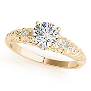 Yellow gold Round Solitaire Scrollwork Engagement Ring with Side Stones and Four-Prong Setting