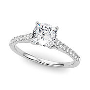 White gold Cushion Cut Solitaire Diamond Ring with Pave Band and Four-Prong Setting