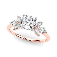 Rose gold Cushion Diamond Floral Cluster Ring with Marquise Side Stones and Six-Prong Solitaire Setting