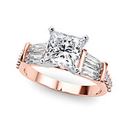 Rose gold Princess Solitaire Baguette Side Stone Channel Set Engagement Ring