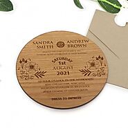 Large Round Engraved Cherry Timber 4mm Thick Wedding Invitations with Magnets