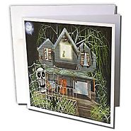 Sandy Mertens Halloween Designs - Halloween Haunted House Cartoon (Textured) - 1 Greeting Card with envelope (gc_3639...