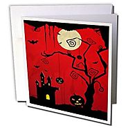 Anne Marie Baugh Halloween - A Haunted Halloween House Against A Red Grunge Background With A Haunted Tree With Pumpk...