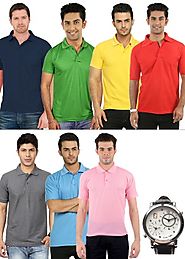 Fidato Men's Set of 7 Polo T-shirt Combo with Free Dual Time Watch