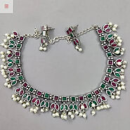 Red and Green Stones German Silver Necklace Sets - Supermacchi Jewellery Collections