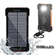 Solar Charger, Feelle 10000mAh Solar Power Bank Dual USB Solar Panel Portable Battery Charger with LED Flashlight for...