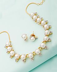Gold Plated Pearl & CZ Necklace Set With Stud Earrings by Voylla