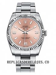 Replica Rolex Air-King Oro blanco Bisel acanalado Salmon esfera redonda de color rosa reloj 114234 PAO