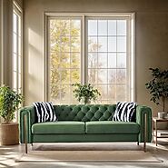 KEIKI 84" Chesterfield Velvet Tufted Button Sofa with Removable Cushions and 2 Toss Pillows, Modern 2-Seater Couch wi...